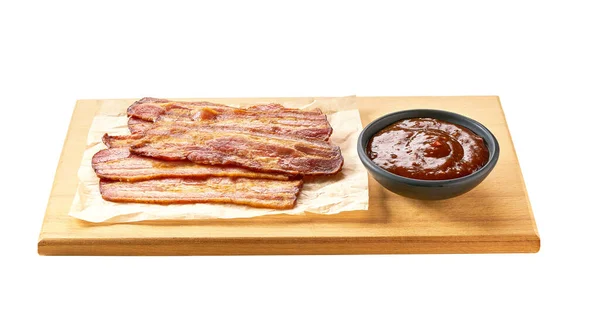 Delicious Crispy Bacon Bbq Sauce Ona Wooden Board Solated White — Stock Photo, Image