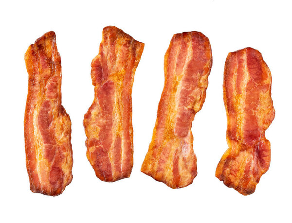 fried bacon strips isolated on white background. bacon isolated on white background. Top view of 4 bacon strips isolated on white background.