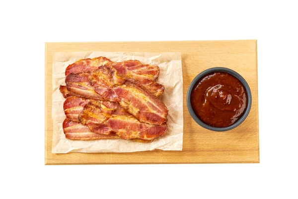 Chopping Board Fried Bacon Rashers Bbq Sauce Isolated White Background — Stock Photo, Image