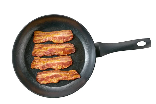 Fried Bacon Rashers Skillet Isolated White Background Top View — Stock Photo, Image