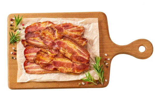 Delicious Crispy Bacon Rashers Wooden Board Solated White Background Top — Stock Photo, Image