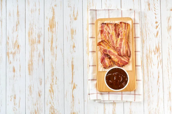 Fried Bacon Rashers Bbq Sauce Table Copy Space Text Fried — Stock Photo, Image
