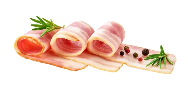 Smoked Bacon Strips Rosemary Spices Isolated White Background — Stock Photo, Image