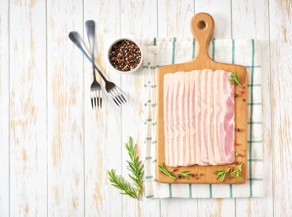 Sliced Smoked Pork Bacon Rosemary White Table Top View — Stock Photo, Image