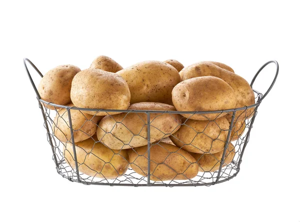 Organic Raw Potatoes Metal Basket Isolated White Background Harvest Potatoes — Stock Photo, Image