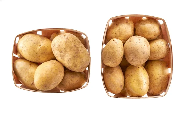 Organiczne Surowe Ziemniaki Drewnianym Pudełku Izolowane Białym Tle Zbiory Ziemniaków — Zdjęcie stockowe