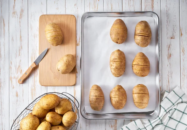 Classic Recipe Hasselback Potatoes Thyme Baking Tray Preparation Baking Top — Stock Photo, Image