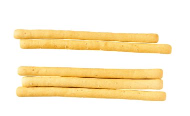 İtalyan çubuk ekmeği Grissini, geleneksel ekmek çubukları beyaz arka planda izole edilmiş tam saha derinliği.