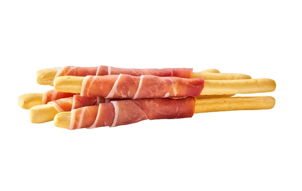 Grissini Breadsticks Com Presunto Parma Prosciutto Isolado Sobre Fundo Branco — Fotografia de Stock