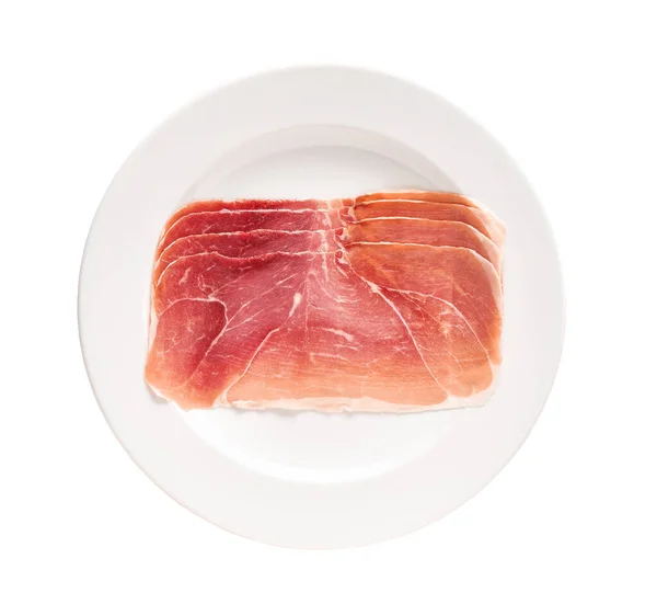 Ισπανικό Jamon Cut Parma Ham Cutting Πιάτο Που Απομονώνεται Λευκό — Φωτογραφία Αρχείου