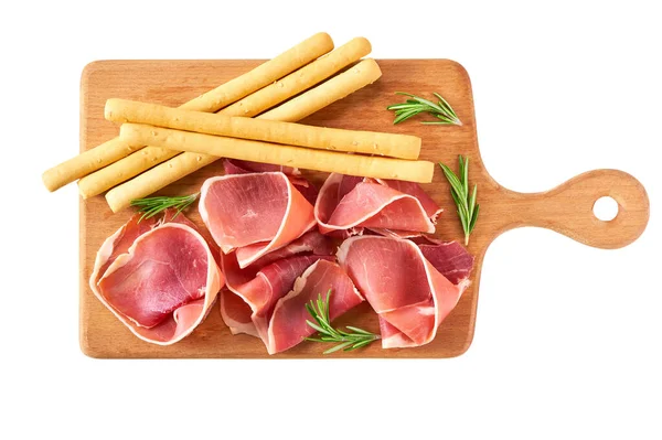 Pães Italianos Grissini Com Presunto Parma Prosciutto Alecrim Tradicionais Breadsticks — Fotografia de Stock
