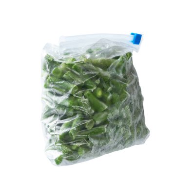 Plastik torbada donmuş sebzeler. Plastik torbada donmuş yeşil fasulye. Derin dondurucu sebzeler.