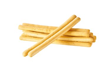 İtalyan ekmeği Grissini, geleneksel ekmek çubukları beyaz arka planda tam derinlikte izole edilmiş. İzole edilmiş tuzlu ekmek çubuğu. .