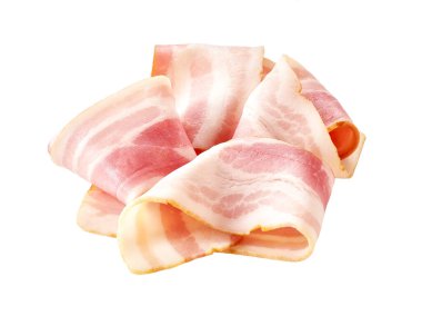 Beyaz arka planda izole edilmiş domuz eti dilimleri.