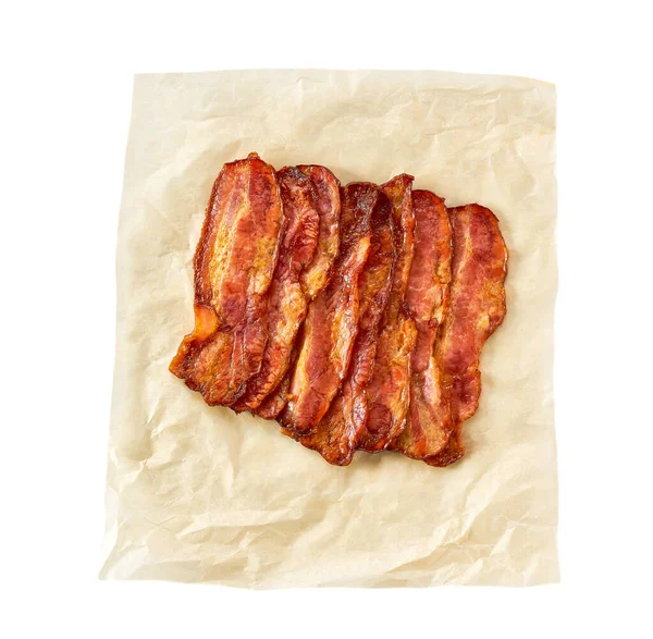 Kokta Bacon Rashers Pergament Isolerad Vit Bakgrund Ovanifrån Stekta Bacon — Stockfoto