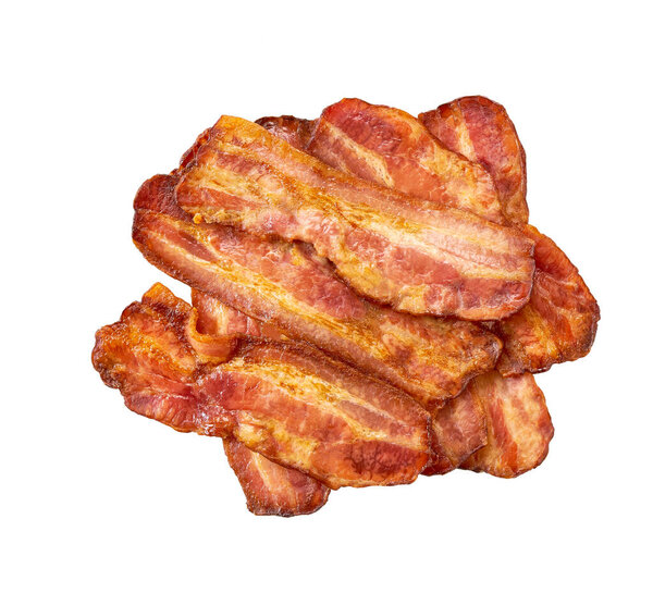 pile of fried bacon rashers isolated on white background. large portion of fried bacon. Fried pork bacon rashers isolated on white background.