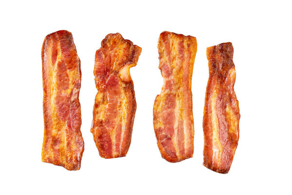 fried bacon strips isolated on white background. Top view of 4 bacon strips isolated on white background. Crispy rashers of streaky bacon