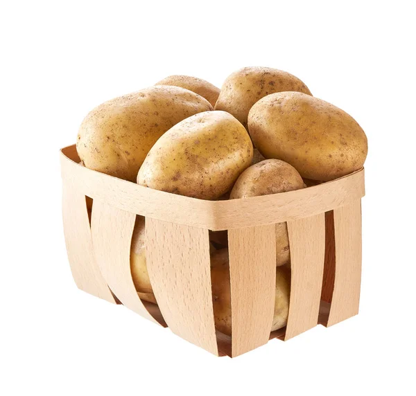 白い背景に隔離された木製の箱に有機生のジャガイモ ジャガイモの収穫 健康的な食事のための野菜 — ストック写真