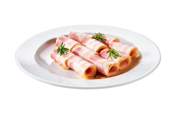 Καπνιστό Χοιρινό Κρέας Ρολά Δεντρολίβανο Και Καρφιά Ένα Λευκό Πιάτο — Φωτογραφία Αρχείου