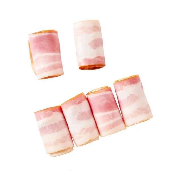 Gerookte Varkensbraadbroodjes Geïsoleerd Witte Achtergrond Gewalste Plakken Ham Geïsoleerd — Stockfoto