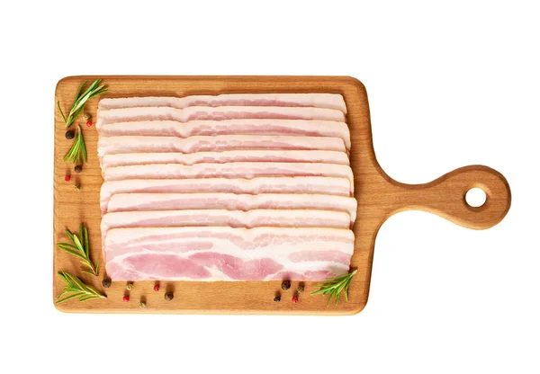 Smoked Bacon Rashers Rosemary Spices Board Isolated White Background — Stock Photo, Image