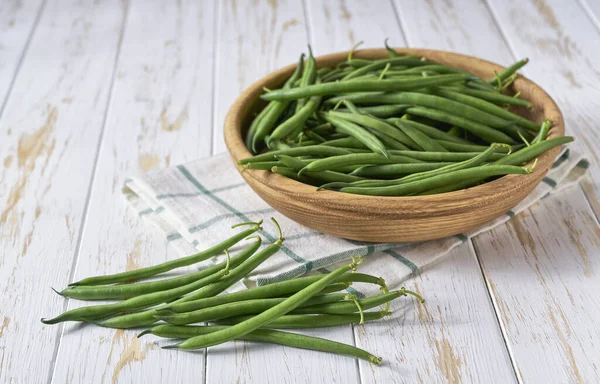 Green Beans Wooden Bowl Kitchen Table Copy Space Text — Stock Photo, Image