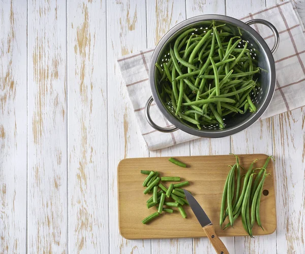 Whole Chopped Fresh Green Beans White Cuisine Table Top View — Stock Photo, Image