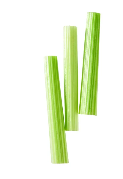 新鲜的绿色芹菜粘孤立的顶部视图 在白色背景上隔离的芹菜茎 剪枝路径 — 图库照片