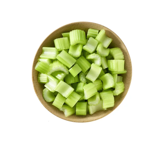 Kousky Celeru Dřevěné Míse Izolované Bílém Pozadí Horní Pohled — Stock fotografie