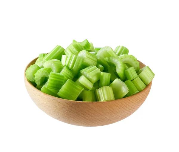 Sekané Čerstvý Celer Dřevěné Míse Izolované Bílém Pozadí Horní Pohled — Stock fotografie