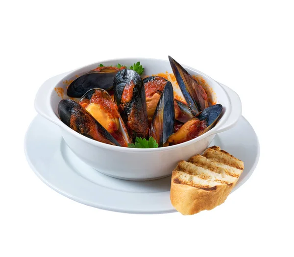 Mussels Tomato Sauce Served Crispy Bread Tasty Food Clams Bowl — Stock Photo, Image