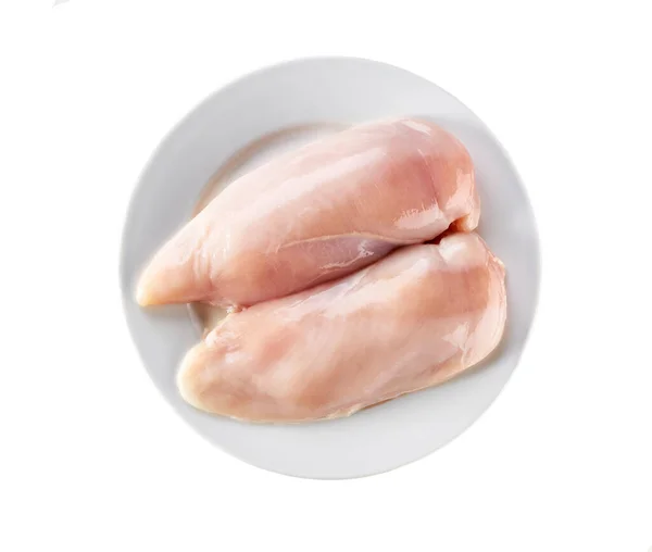 Overhead Syn Skål Med Skinnfri Kyckling Bröst Isolerad Vit Bakgrund — Stockfoto