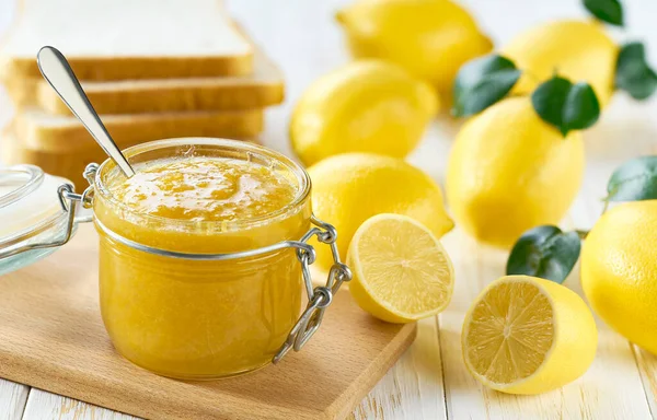 Homemade Lemon Confiture Jar White Wooden Table Delicious Homemade Natural — Stock Photo, Image