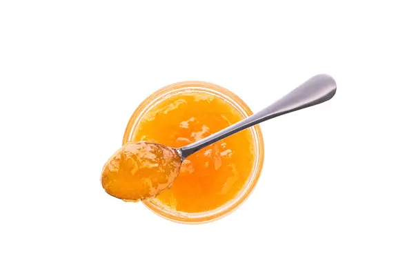 Orange Jam Jar Spoon Isolated White Background Top View Jar — Stock Photo, Image