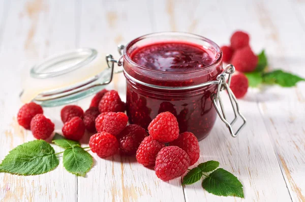 Raspberry Jam Fresh Fresh Berries White Table Delicious Aspberry Jam — Stock Photo, Image