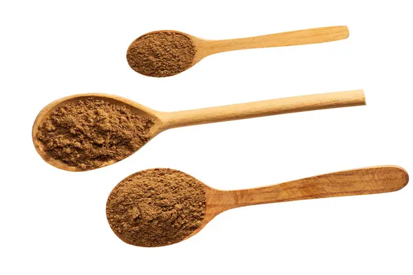 Cinnamon Powder Wooden Spoon Isolated White Background Top View — Stock Photo, Image