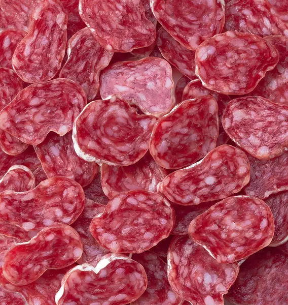 Close Slices Dry Cured Salami Sausages Textured — Stock Photo, Image