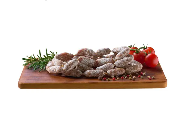 Mini Salami Sausages Rosemary Olives Wooden Cutting Board Isolated — Stock Photo, Image