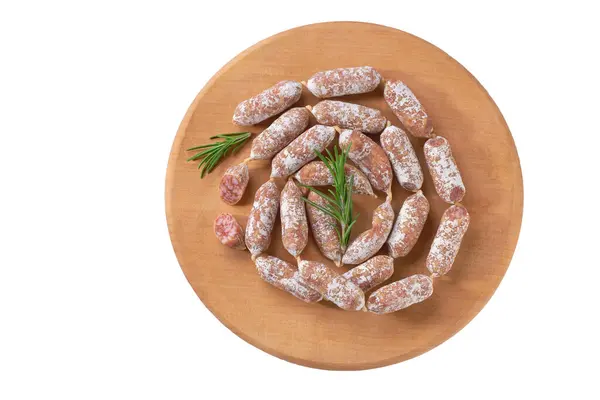Chorizo Mini Baharatlı Domuz Mayalanmış Kurutulmuş Salam Sosisleri Beyaz Arka — Stok fotoğraf