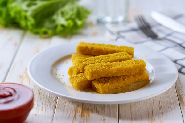 Fried Fish Sticks Fish Fingers Wooden Table Snack Food Crispy — Stock Photo, Image