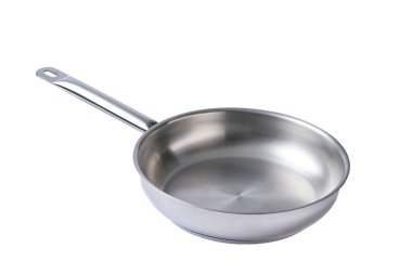 Metalik kızartma tavası, beyaz arka planda izole edilmiş güvenli kullanım için kullanışlı uzun saplı. Yeni paslanmaz çelik kızartma tavası.