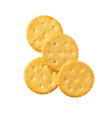 Beyaz arka planda izole edilmiş tuzlu krakerler, üst manzara. Lezzetli krakerler..