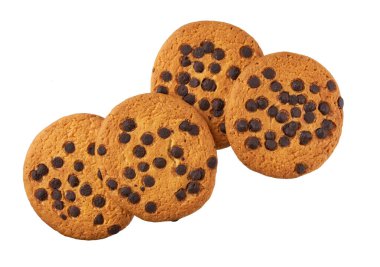 Beyaz arka planda izole edilmiş çikolatalı kurabiyeler, üst manzara. Lezzetli çikolatalı kurabiyeler izole, üst manzara.