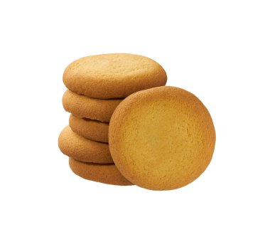 Beyaz arka planda izole edilmiş küçük lezzetli kurabiye yığını. Lezzetli Danimarka kurabiyeleri beyaz arka planda üst üste konur..