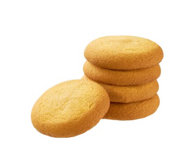 Beyaz arka planda izole edilmiş küçük lezzetli kurabiye yığını. Lezzetli Danimarka kurabiyeleri beyaz arka planda üst üste konur..