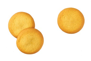 Beyaz arka planda izole edilmiş lezzetli kurabiyeler. Lezzetli Danimarka kurabiyeleri izole edilmiş. Kahvaltı ya da atıştırmalık sağlıklı yiyecekler, glütensiz, üst düzey..