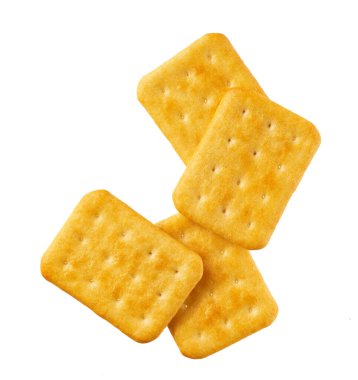 Beyaz arka planda izole edilmiş peynir aromalı kraker. Kuru peynirli krakerler izole, üst manzara.
