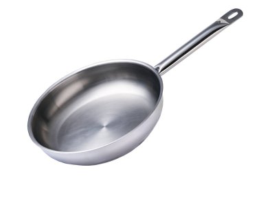 Metalik kızartma tavası, beyaz arka planda izole edilmiş güvenli kullanım için kullanışlı uzun saplı. Kızartma, yakma ve kavurucu yiyecekler için boş oktoks kızartma tavası.