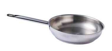 Metalik kızartma tavası, beyaz arka planda izole edilmiş güvenli kullanım için kullanışlı uzun saplı. Modern metal yemek takımı.