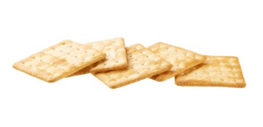 saltine or square soda crackers isolated on white background, full depth of field. Linear composition. Dry soup crackers isolated. clipart